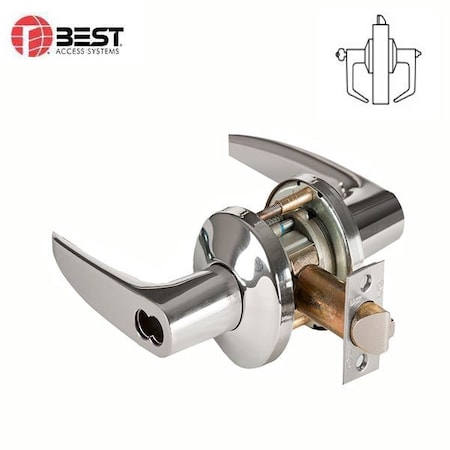 Best 9K Grade 1 Entrance Cylindrical Lock, 16 Lever, K Rose, SFIC Less Core, Bright Chrome Finish, 2-3/4" BEST-9K-57AB16KSTK-625